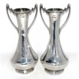 Pair of Edwardian silver twin handle spill vases of tapering baluster form (loaded), hallmarked