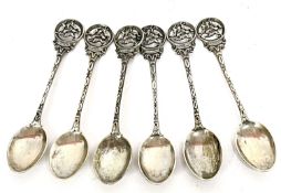 Six German white metal souvenir teaspoons the pierced terminals each with three 'hares' below with