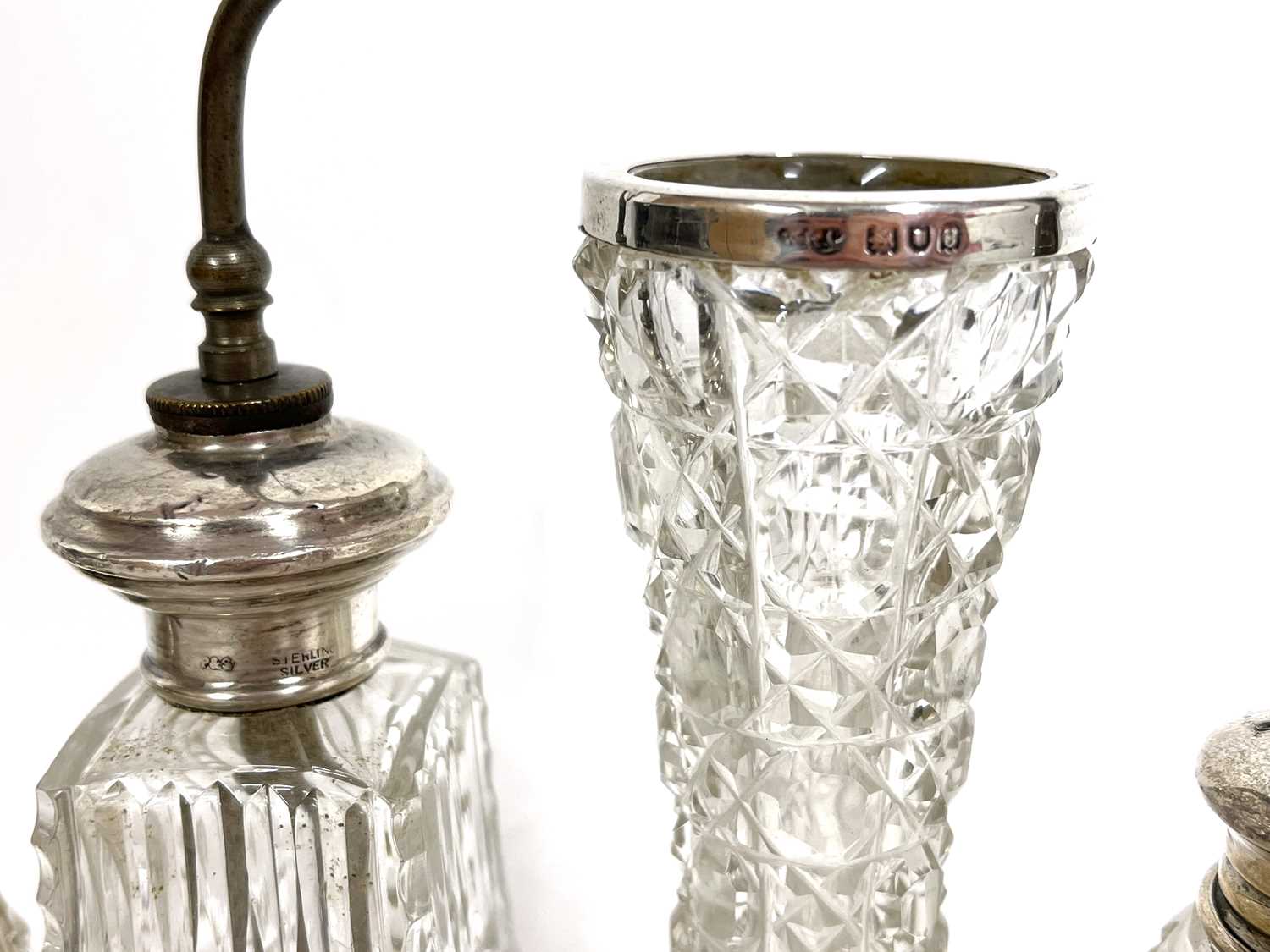 Group of five small glass bottles and a vase each with a silver/sterling mount, various dates and - Image 5 of 6