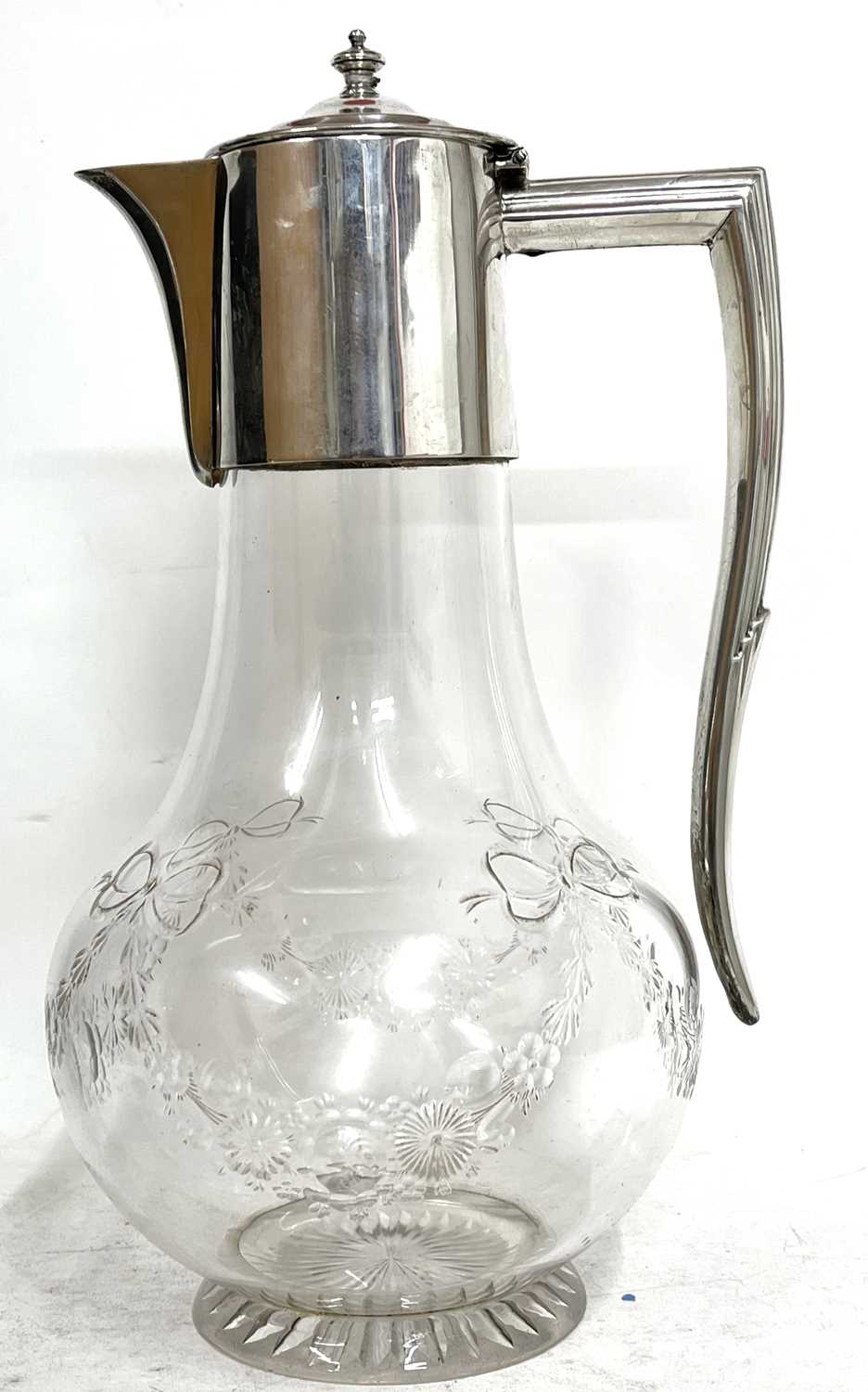 George V glass and silver mounted claret jug, the bulbous body engraved with tied ribbon and garland - Image 2 of 8