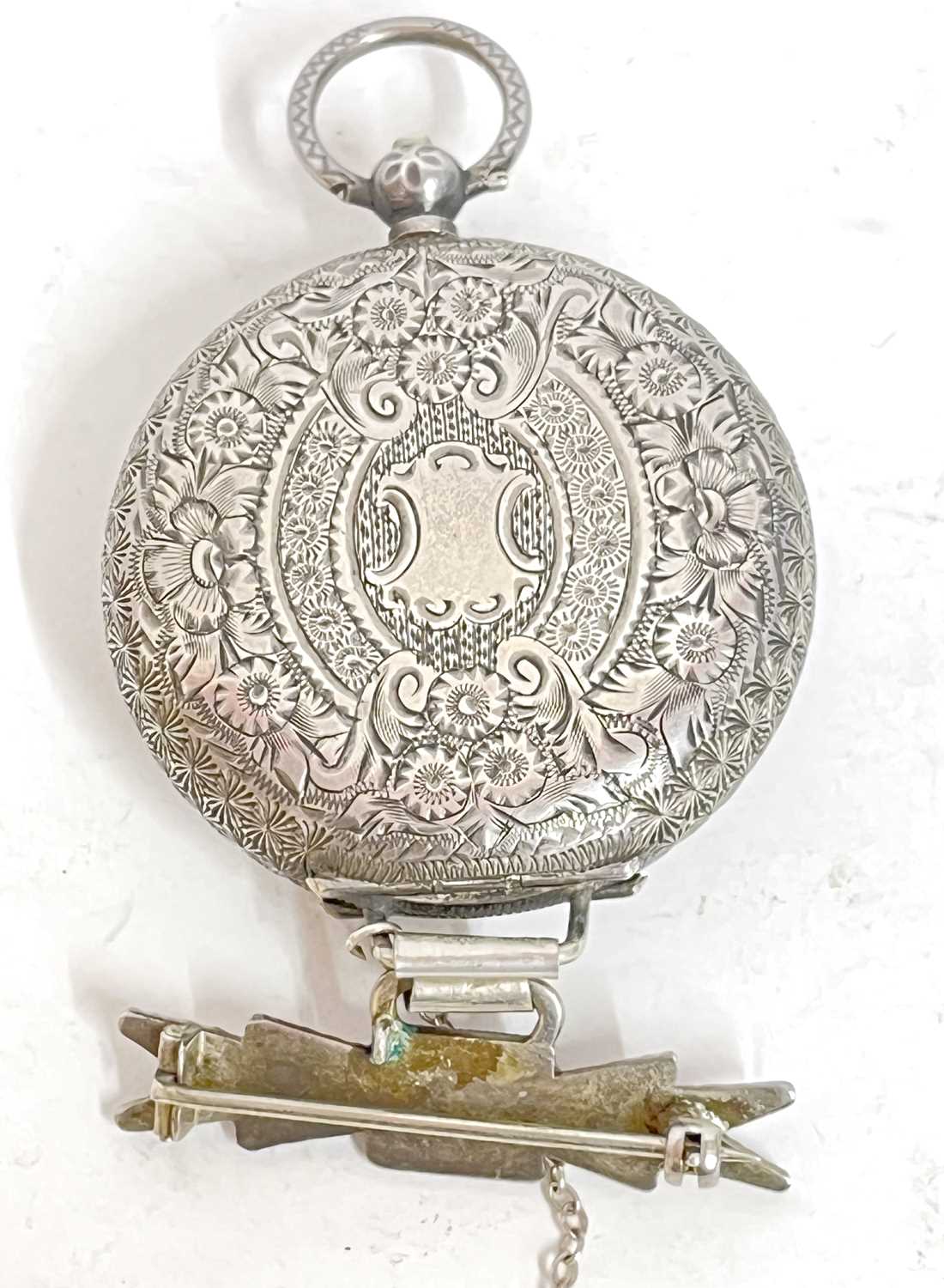 White metal pocket watch with pin brooch, the pocket watch is stamped 935 in the case back, the dial - Image 3 of 3