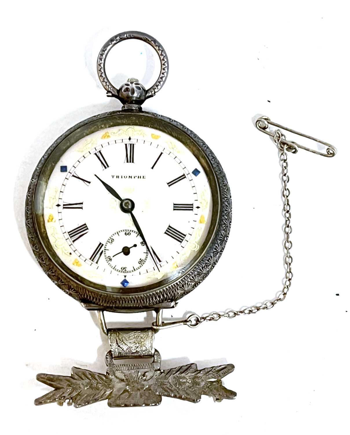 White metal pocket watch with pin brooch, the pocket watch is stamped 935 in the case back, the dial - Image 2 of 3