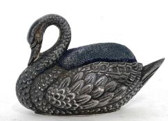 Edwardian novelty silver pin cushion in the form of a swan complete with original velvet cushion,