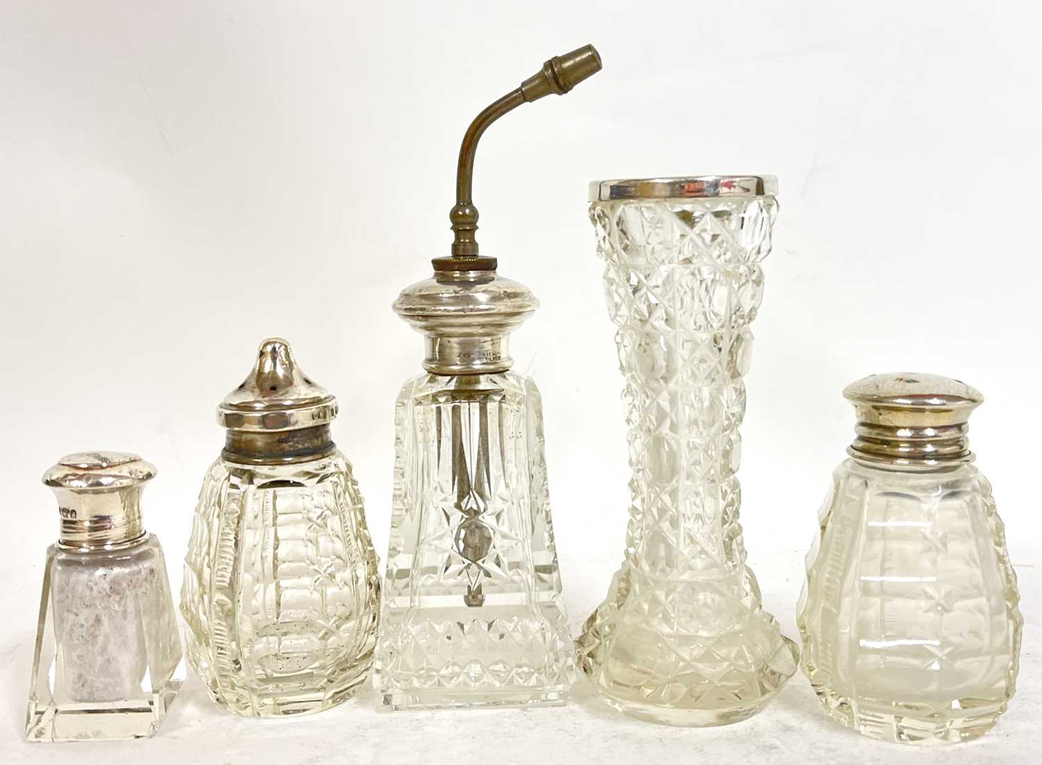 Group of five small glass bottles and a vase each with a silver/sterling mount, various dates and - Image 2 of 6