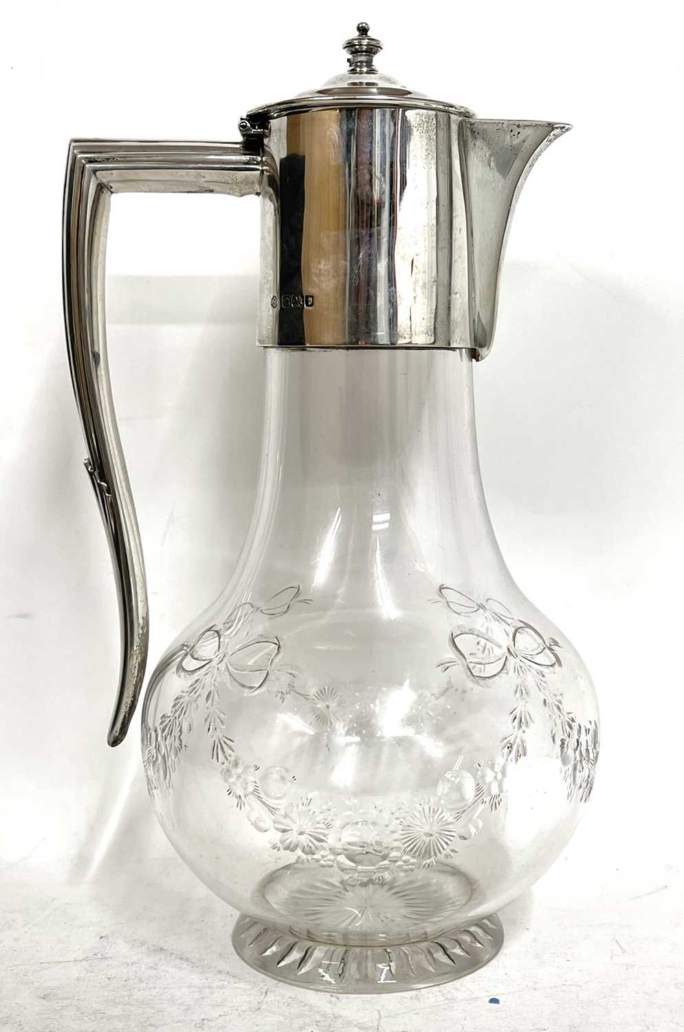 George V glass and silver mounted claret jug, the bulbous body engraved with tied ribbon and garland - Image 4 of 8