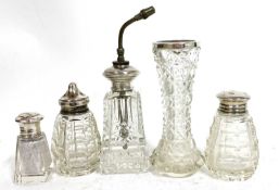 Group of five small glass bottles and a vase each with a silver/sterling mount, various dates and