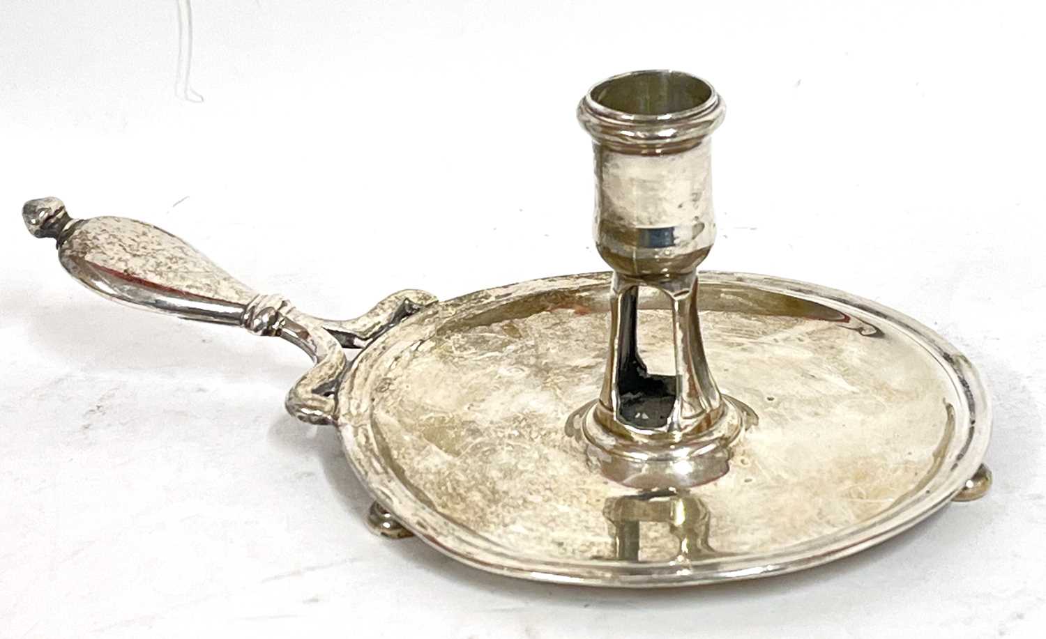 Antique silver chamber stick of plain form with cast handle supported on three bun feet, marks - Image 2 of 11