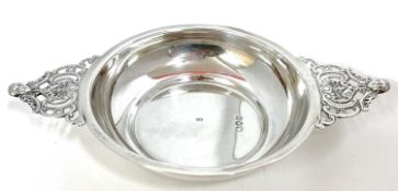 Victorian silver wine taster/two handled bowl, the plain polished shallow bowl with twin pierced