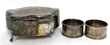 Edwardian silver ring box, Birmingham 1912, makers mark E J Houlston (a/f) together with a pair of