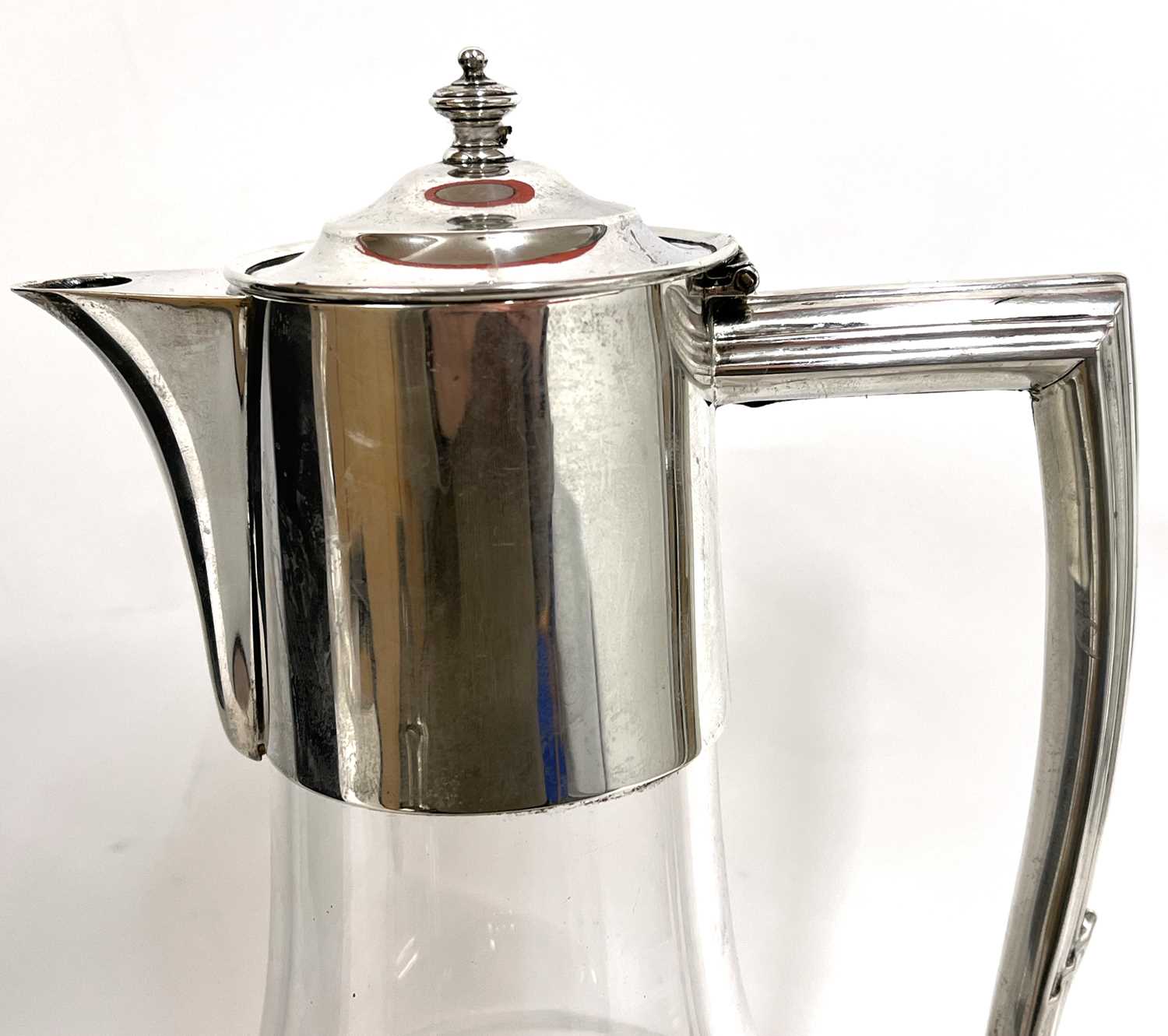 George V glass and silver mounted claret jug, the bulbous body engraved with tied ribbon and garland - Image 6 of 8