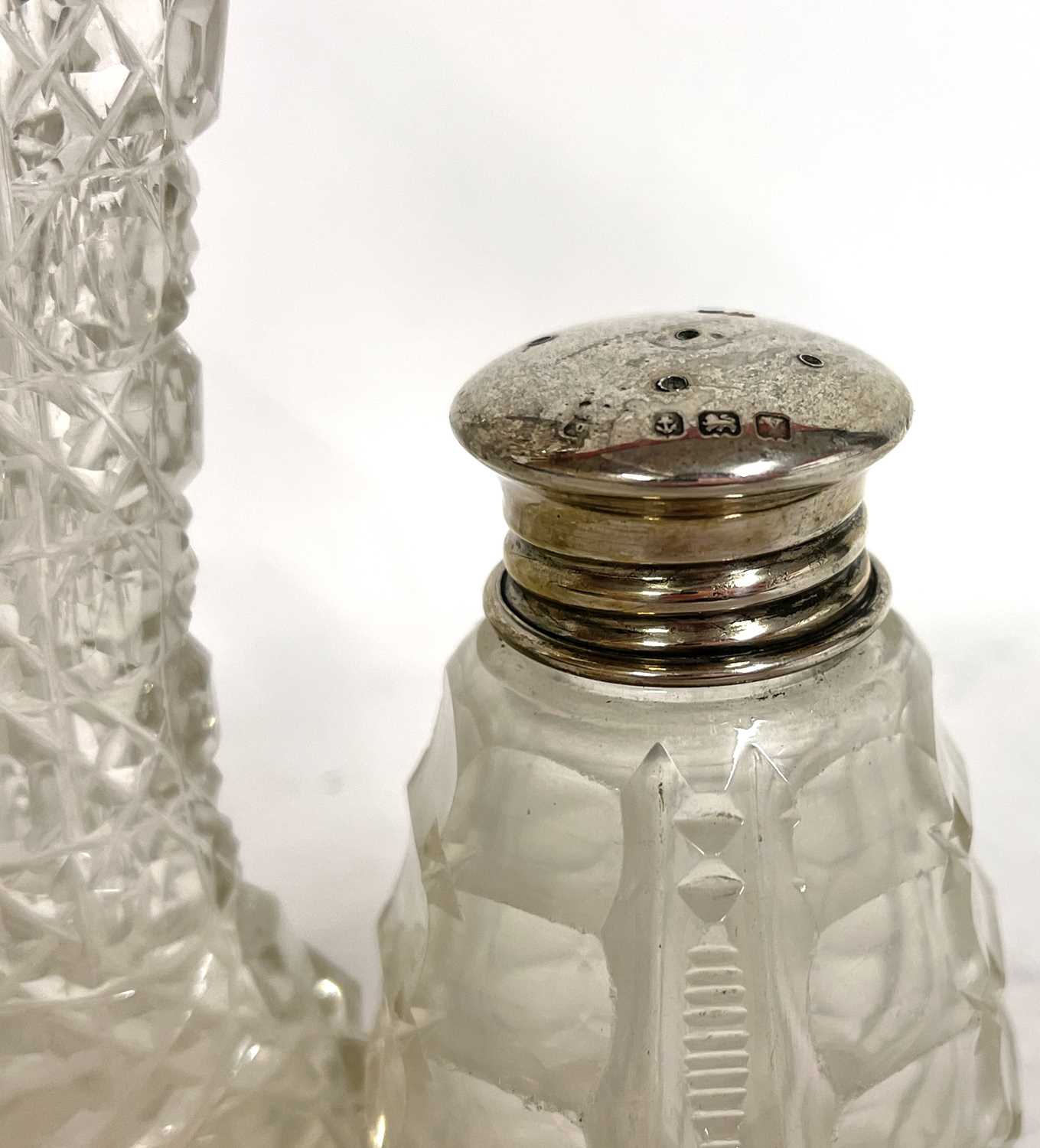 Group of five small glass bottles and a vase each with a silver/sterling mount, various dates and - Image 6 of 6