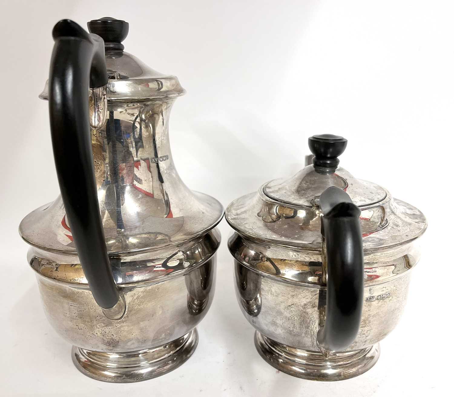 George VI silver four piece tea set comprising teapot, hot water jug, cream jug and bowl, hallmarked - Image 3 of 11