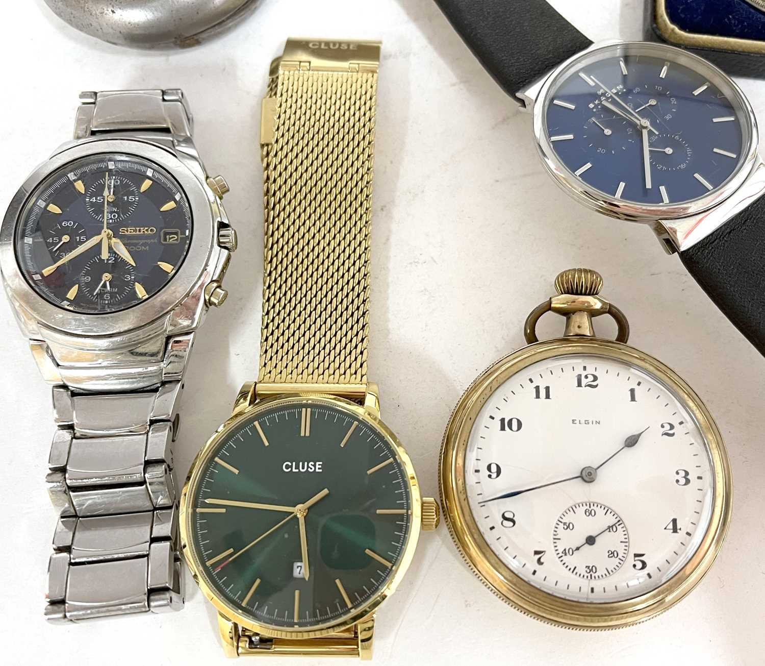 A mixed lot of wristwatches, a stop watch and pocket watches, watch makers are Seiko, Skagen and - Image 2 of 4