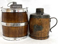 Mixed lot including a vintage oak and silver plated biscuit barrel with a ceramic lining, the top of