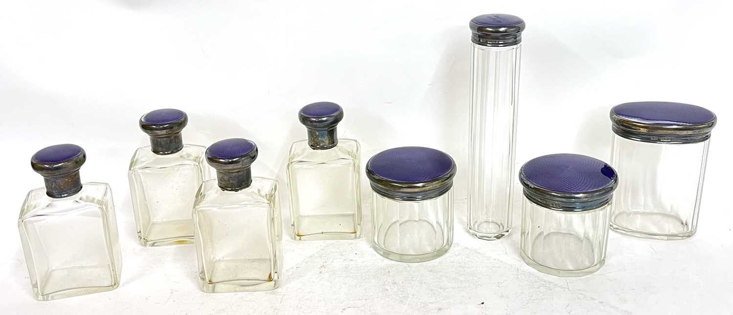 Vintage purple leather dressing case, part fitted with eight glass jars each with silver and - Image 8 of 13