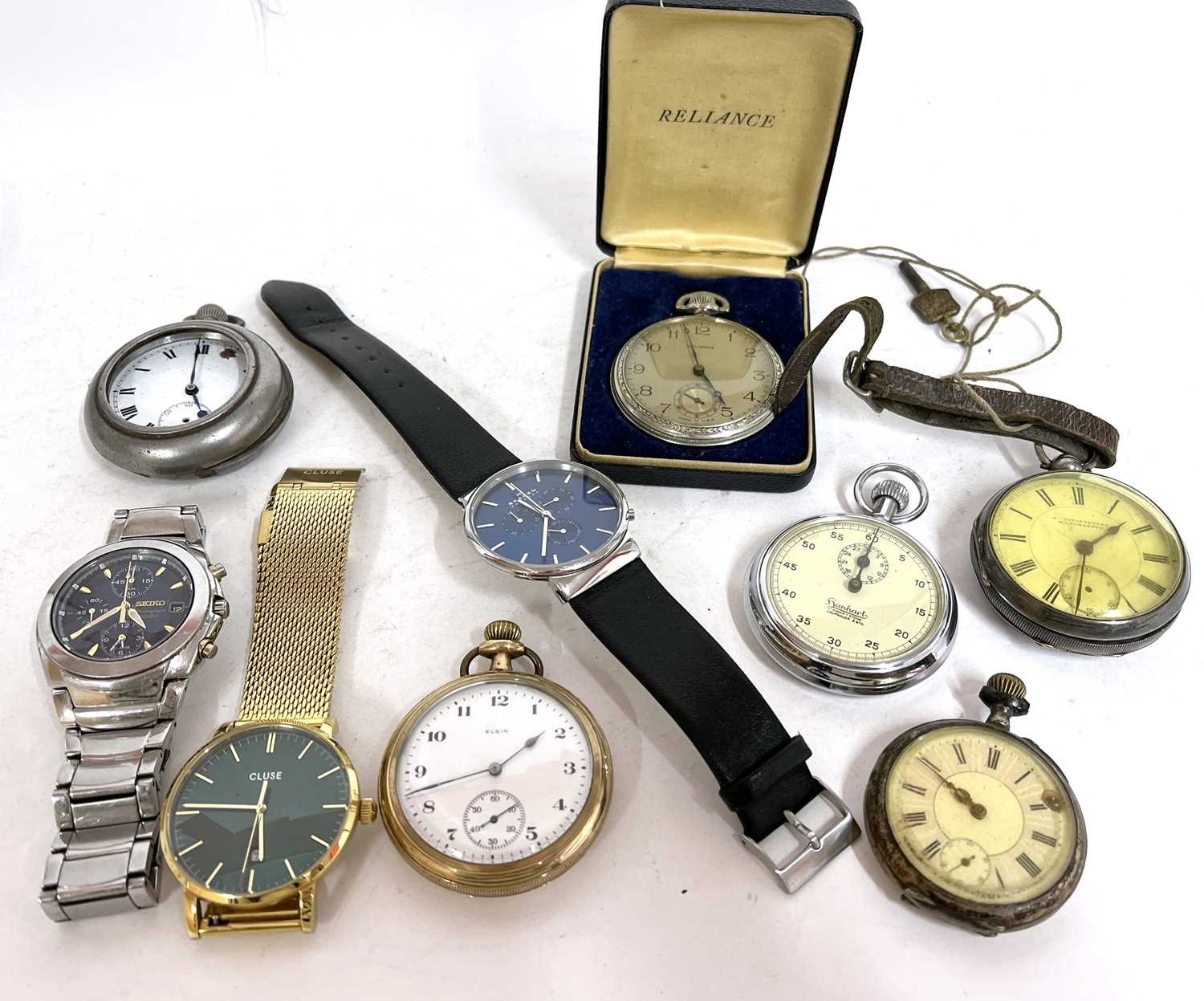 A mixed lot of wristwatches, a stop watch and pocket watches, watch makers are Seiko, Skagen and