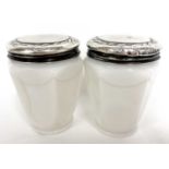 Pair of vintage silver screw top milk glass oatine cream jars of hexagonal form, the screw on lids