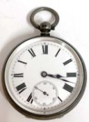 Silver pocket watch with a white enamel dial, sub-second dial and black Roman numeral hour