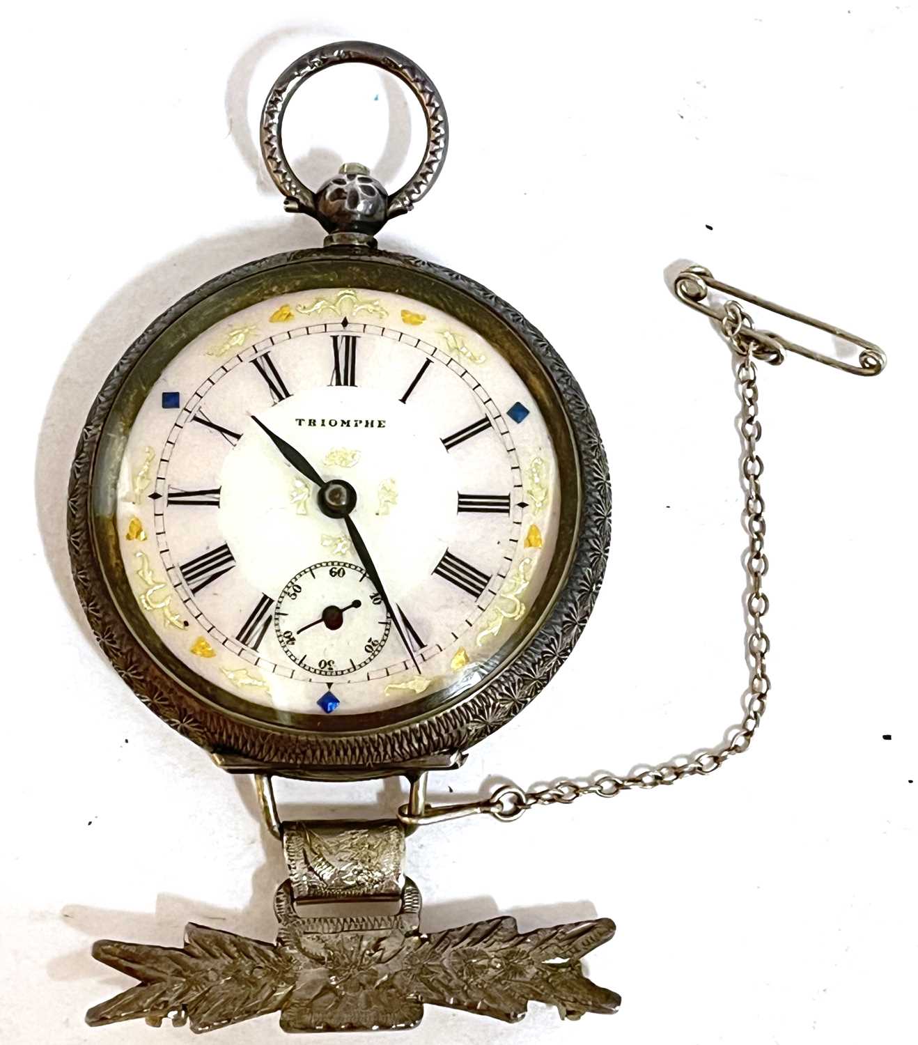 White metal pocket watch with pin brooch, the pocket watch is stamped 935 in the case back, the dial