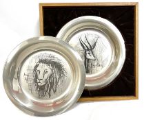 Two Bernard Buffet 'The Wildlife Series' sterling plates etched with a lion and a gazelle, marked on