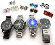 Four wristwatches and a box of cufflinks, makers for the wristwatches include Lorus, Fossil,