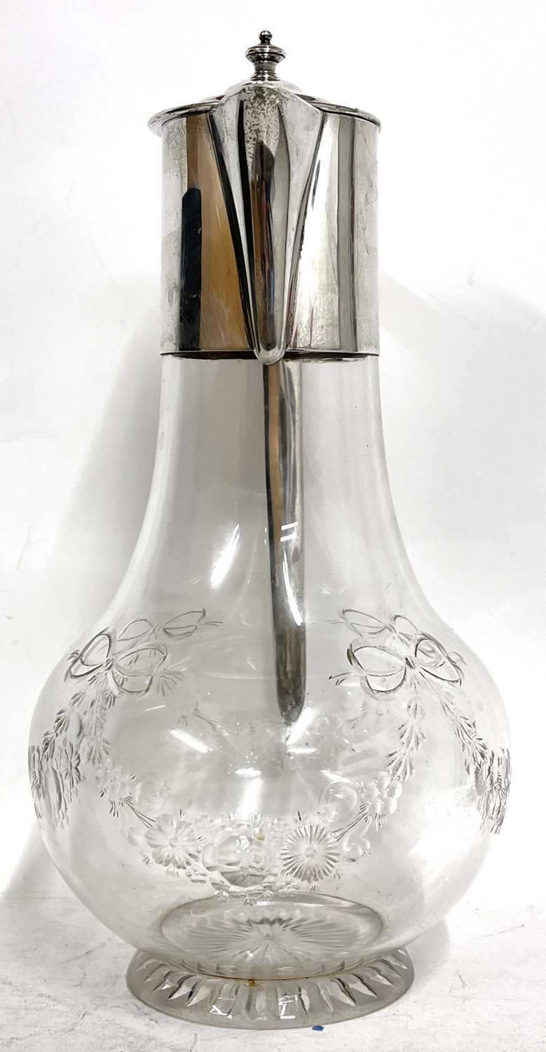 George V glass and silver mounted claret jug, the bulbous body engraved with tied ribbon and garland - Image 5 of 8