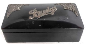 Edwardian ebonised bridge playing card box, the slightly domed hinged lid and corners applied with