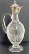 Victorian crystal and silver claret jug, the body engraved with acorns and leaves etc, to a plain