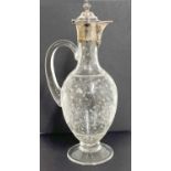 Victorian crystal and silver claret jug, the body engraved with acorns and leaves etc, to a plain