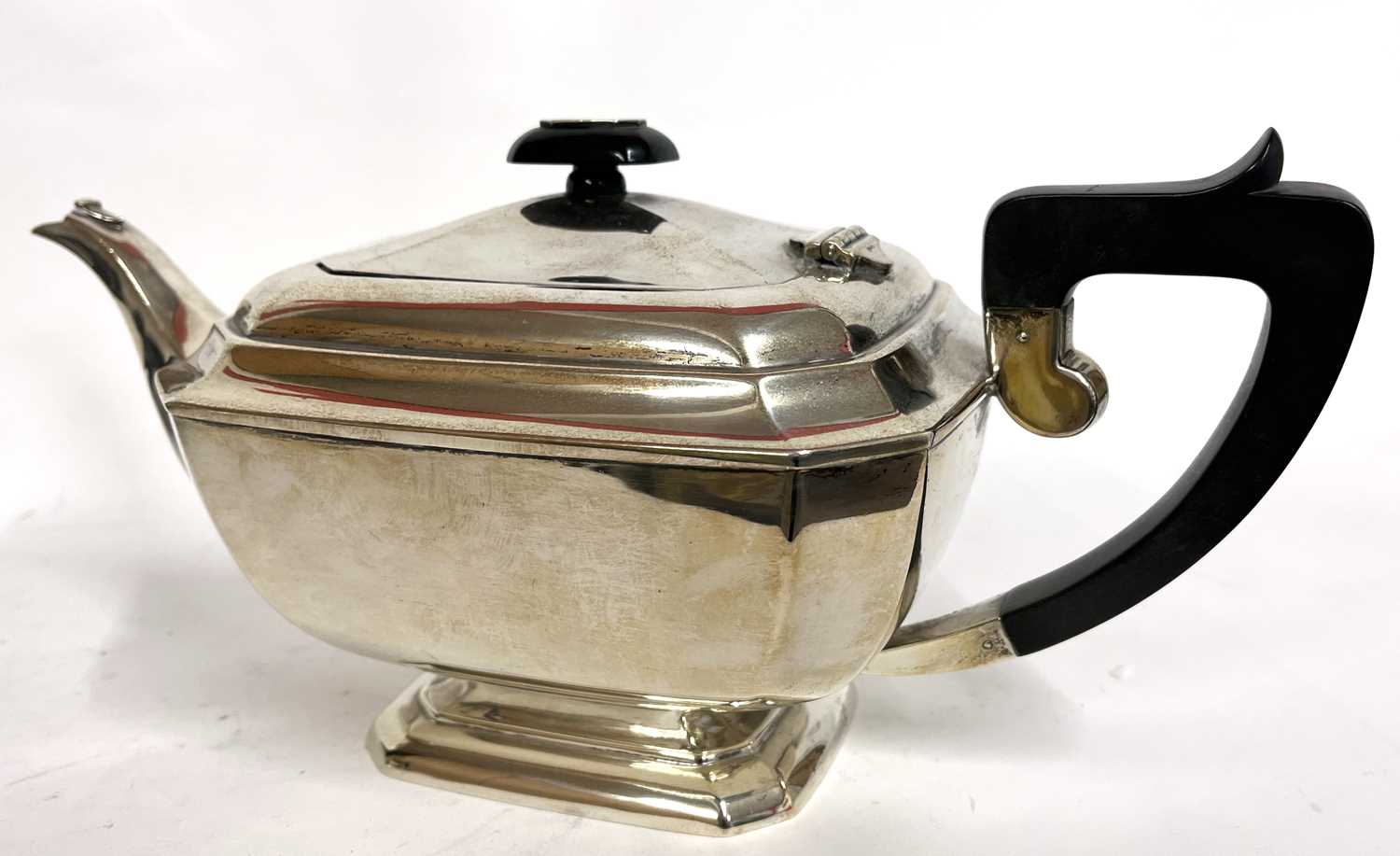 Art Deco silver three piece tea set of plain panelled form comprising teapot, sugar bowl and cream - Image 5 of 9