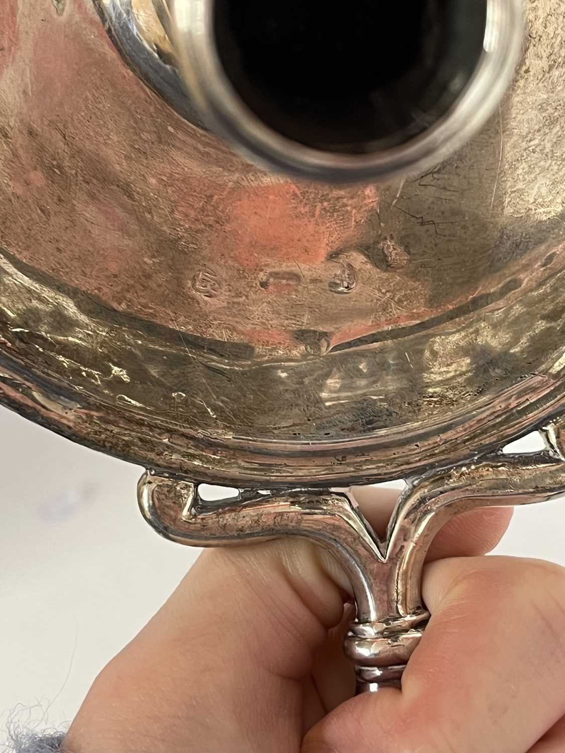 Antique silver chamber stick of plain form with cast handle supported on three bun feet, marks - Image 10 of 11