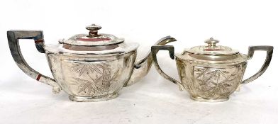 White metal Chinese bamboo decorated teapot and twin handled sugar bowl and cover, stamped beneath
