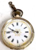Yellow metal ladies pocket watch with a manually crown wound movement, the case is stamped in the