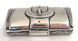 Victorian silver novelty vesta box in the form of a satchel, the hinged lid with a buckle design,