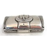 Victorian silver novelty vesta box in the form of a satchel, the hinged lid with a buckle design,