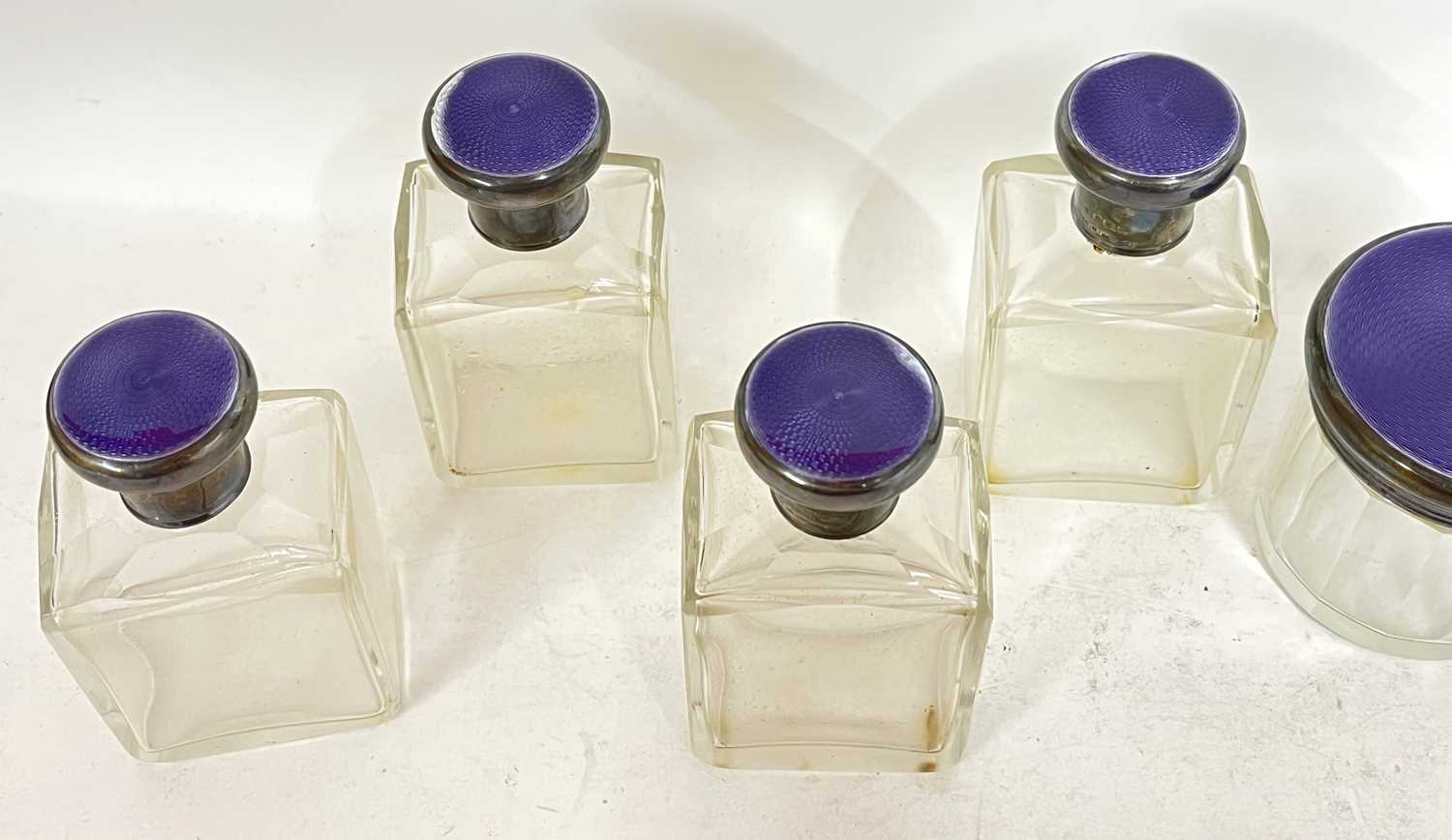 Vintage purple leather dressing case, part fitted with eight glass jars each with silver and - Image 10 of 13