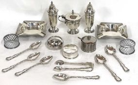 Mixed lot to include a George V condiment set comprising a hinged lid mustard, liner and spoon,