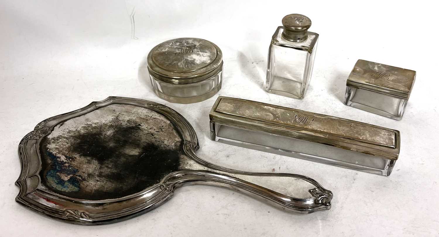 Group of silver mounted dressing table items including a hand mirror, two glass boxes and two jars - Image 3 of 3