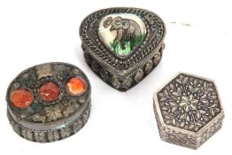 Group of three various (probably Indian made) ring boxes, part, oval and hexagonal shape, two with