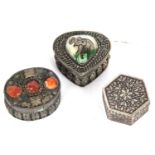 Group of three various (probably Indian made) ring boxes, part, oval and hexagonal shape, two with