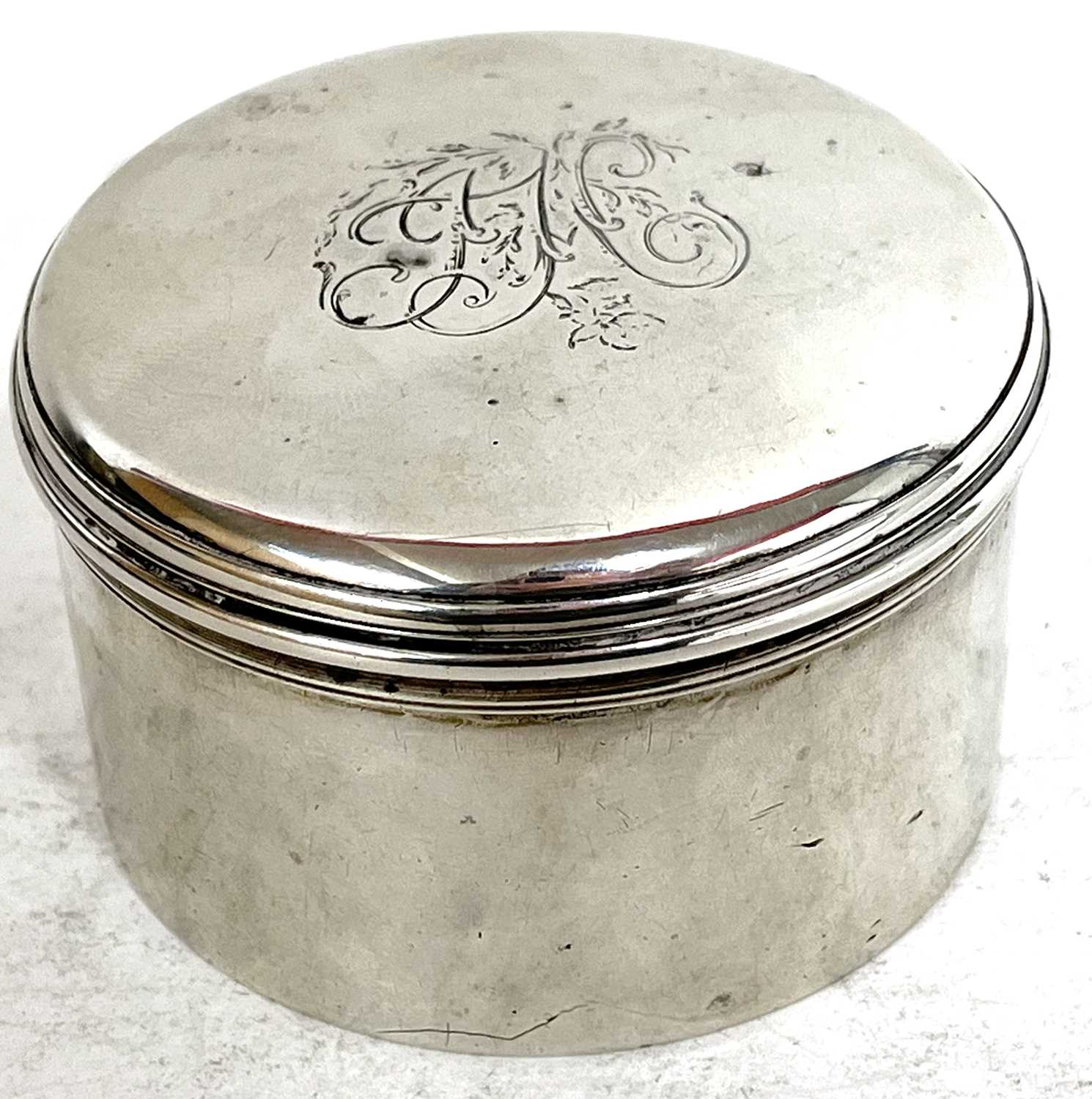 George III round silver box with pull off cover engraved with initials, London 1765, makers mark E. - Image 2 of 4