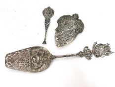 Mixed Lot: Large Dutch silver cake server having a pierced interior tavern design with a galleon