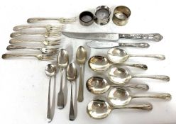 Mixed lot to include two hallmarked silver serviette rings, (one a/f), two Georgian teaspoons, two