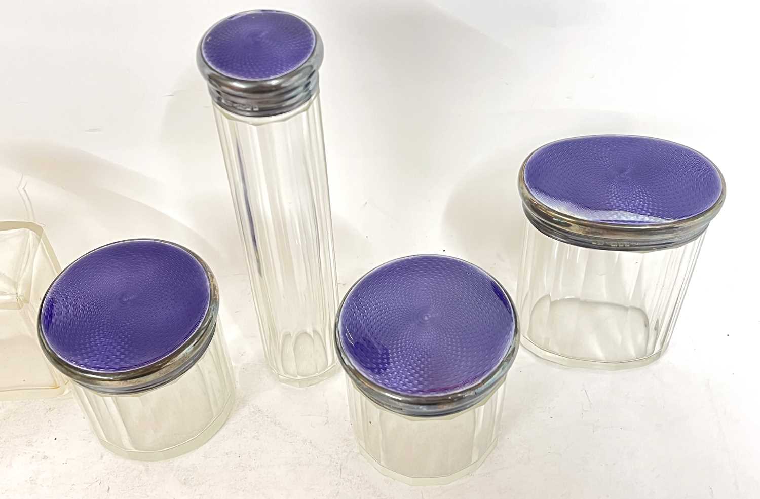 Vintage purple leather dressing case, part fitted with eight glass jars each with silver and - Image 9 of 13
