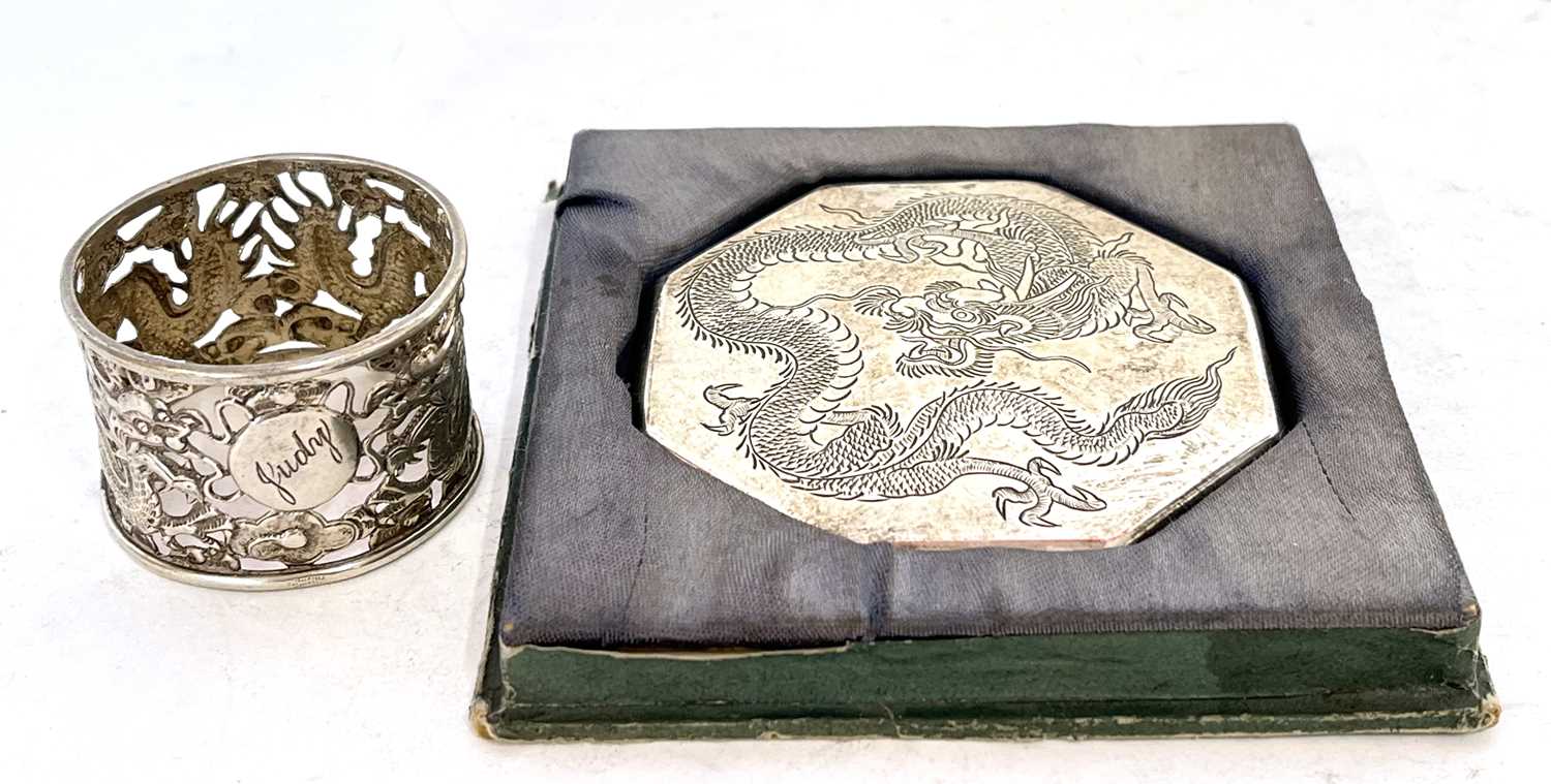 Mixed lot to include octagonal white metal ladies compact engraved to the front with a dragon having