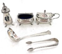 Mixed lot to include a George V three piece condiment set comprising hinged mustard and liner,