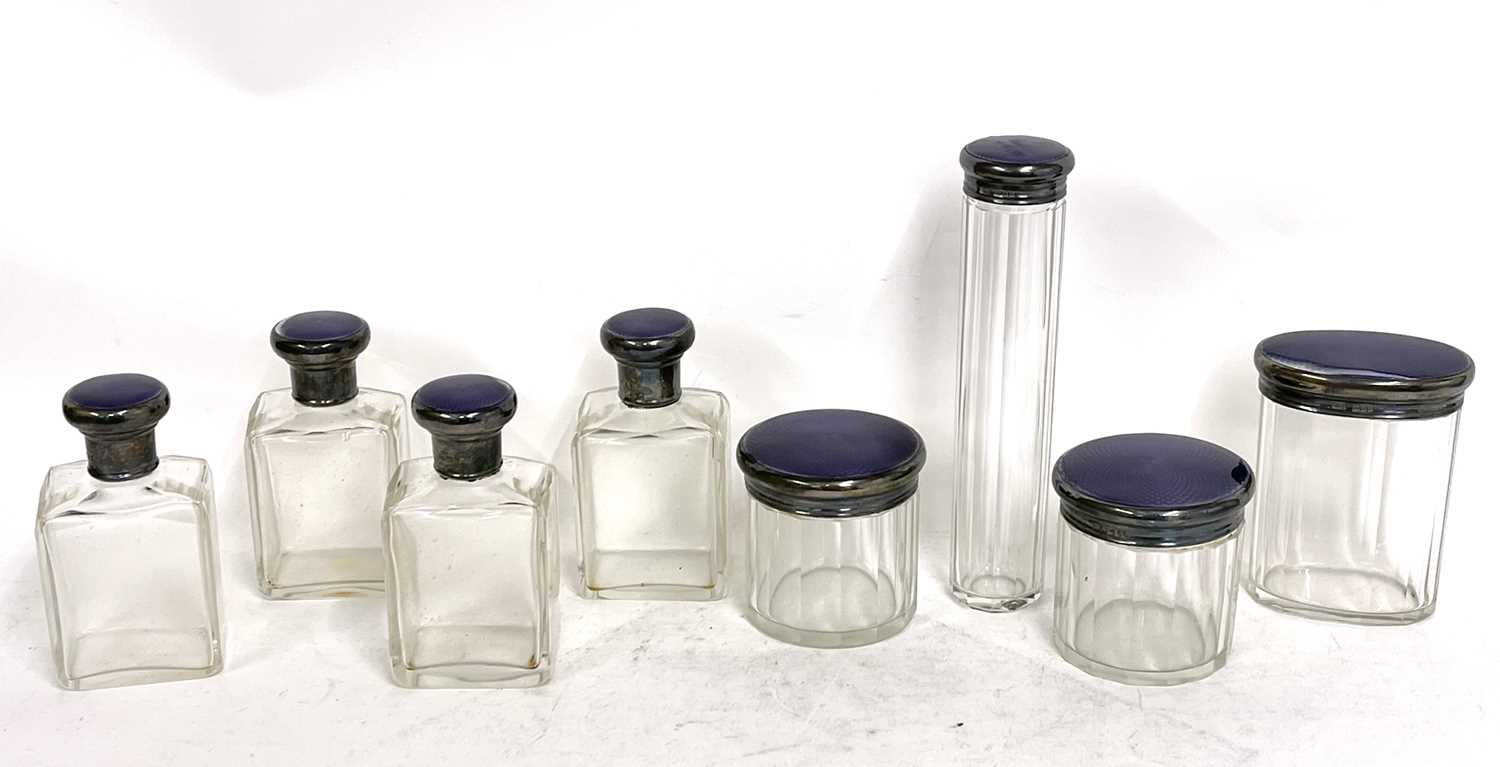 Vintage purple leather dressing case, part fitted with eight glass jars each with silver and - Image 6 of 13
