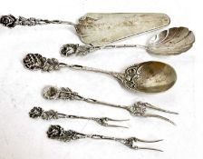 A group of German white metal marked 800 flat ware to include two serving spoons, cake slice,