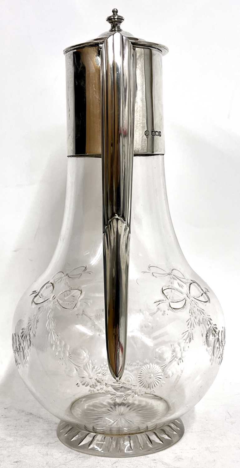 George V glass and silver mounted claret jug, the bulbous body engraved with tied ribbon and garland - Image 3 of 8