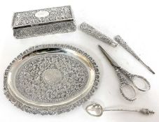 Mixed lot to include Victorian silver trinket box of sarcophagus form embossed with floral and